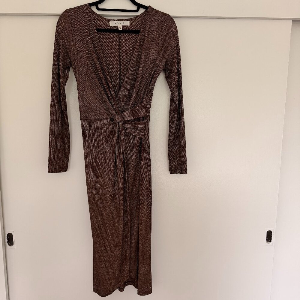 RowA Metallic Bronze Faux Wrap Midi Dress